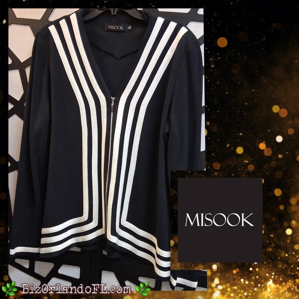 BOUTIQUE: Misook Black & White Zippered V-Neck Cardigan Sweater 1X * RARE FIND *